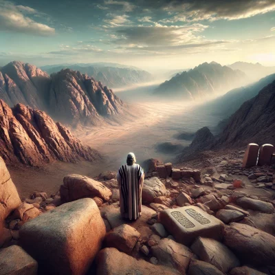 Mozes op de berg Sinaï : « Mozes bleef daar veertig dagen en veertig nachten bij de Heer, zonder de eten of te drinken. En de Heer grifte de bepalingen van het verbond, de tien geboden, in de stenen platen. » (Exodus 34, 28)